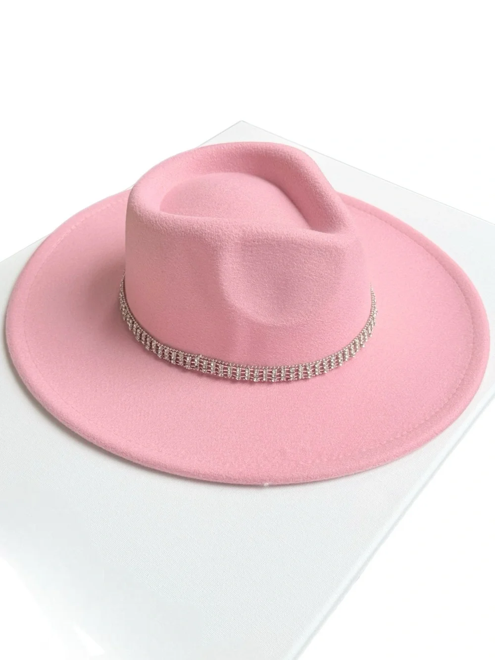 Pink Rhinestone Boutique Style Fedora Wide Brim Hat
